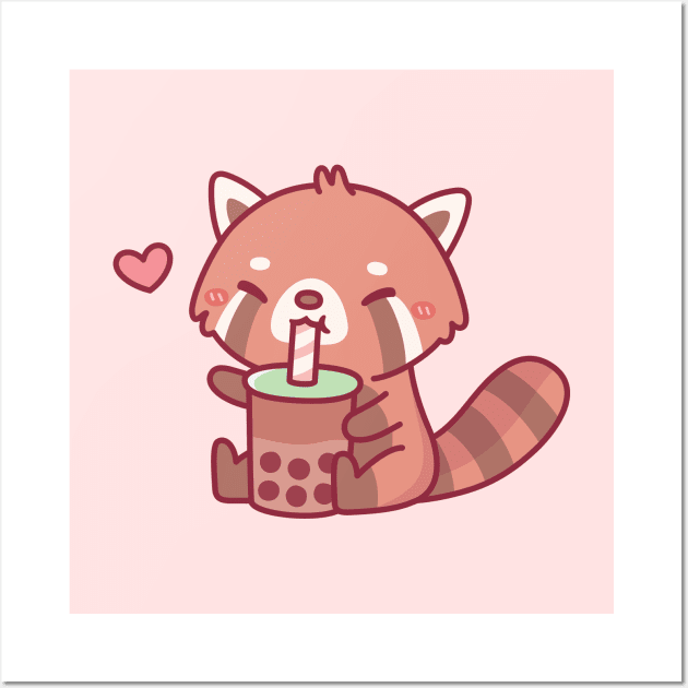 Cute Red Panda Loves Drinking Bubble Tea Wall Art by rustydoodle